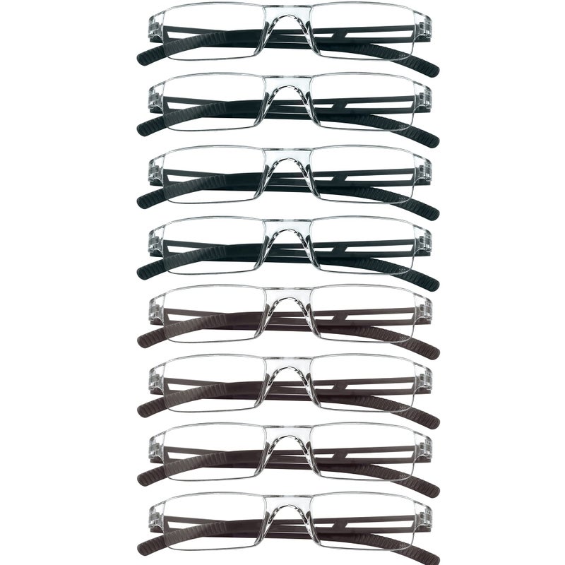 VisionGlobal 8 Pairs Reading Glasses Blue Light Blocking Glasses Computer Reading Glasses for Women and Men Fashion Square Eyewear Frame 4black4brown100 Magnification